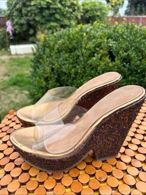 Catwalk Women’s Clear Strap Brown Glitter Wedge Platform Sandals Size 38/7US